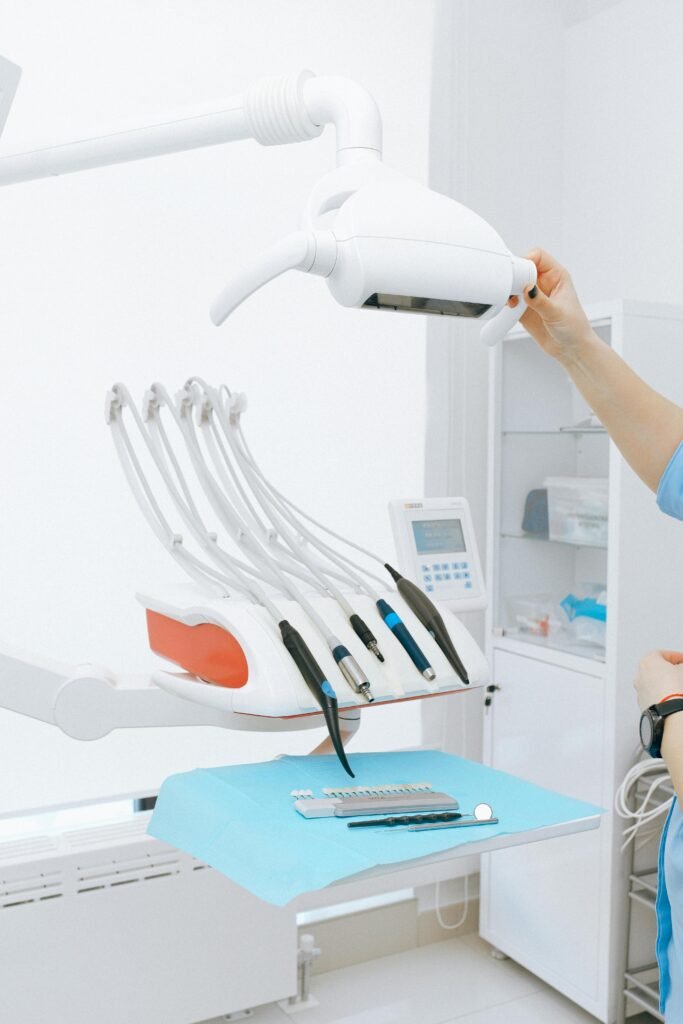A clean, modern dental office showcasing dentist equipment and tools.